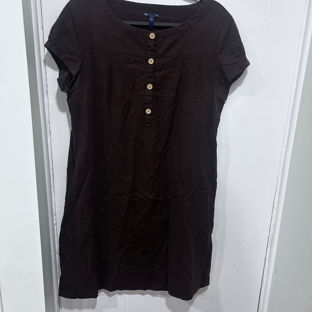 Gap Womens Brown Linen Cotton Blend Short Sleeve Button Front Shift Dress Large